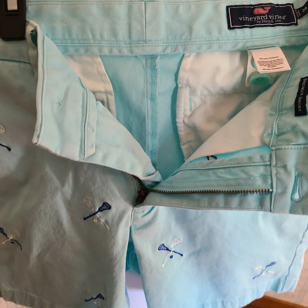 VINEYARD VINES EMBROIDERED BREAKER SHORTS LACROSSE MOTIF-POOL SIDE BLUE WAIST 28